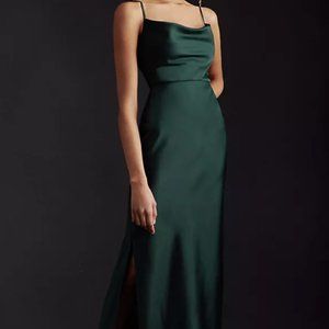 BHLDN - "Cali" Bridesmaid Midi Slit Slip Dress SIZE 0 in "Dark Emerald"